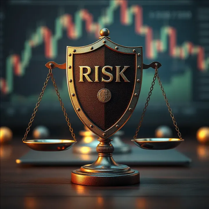 Conceptual illustration of risk management with protective shields and balanced scales