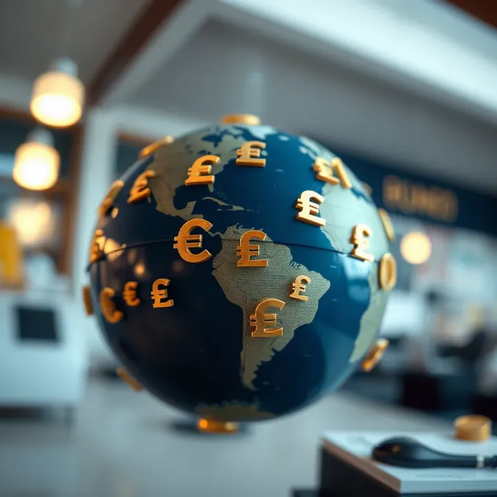 Illustration of a globe with various currency symbols floating around, representing international banking for expatriates