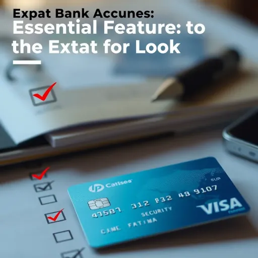 Essential Features to Look for in Expat Bank Accounts Graphic showing a checklist and a bank card with icons symbolizing key features like low fees, easy access, and security