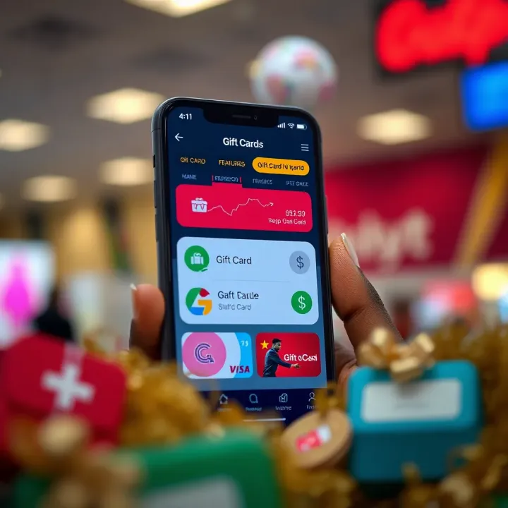 Overview of Gift Card Trading App Features in Nigeria Illustration showing a mobile phone screen with various gift card options and trading features