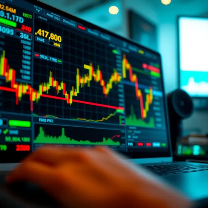 Digital interface showing binary options trading platform with charts and trading tools