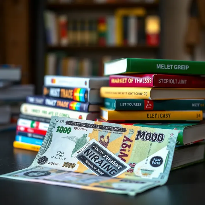 Nigerian currency notes placed beside a stack of educational forex trading guides