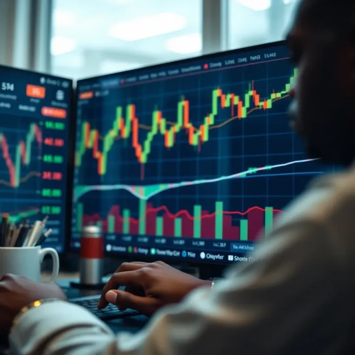 Digital interface showing candlestick graphs and currency exchange rates relevant to Nigeria
