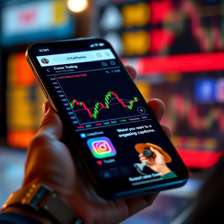 Illustration showing a smartphone displaying forex trading graphs and Instagram interface with engaging captions
