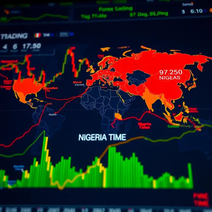 World map highlighting major forex trading centers with Nigerian time zone overlay