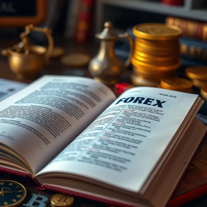 Key Insights from Leading Forex Trading Literature Open book with highlighted forex trading concepts and currency symbols around