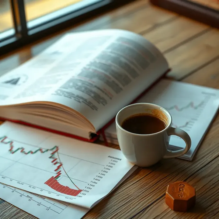 Key Learning Resources for Forex Traders in Nigeria Open forex trading book with charts and notes alongside a cup of coffee