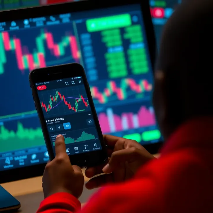 Mobile device displaying forex trading application with currency pairs and trading tools