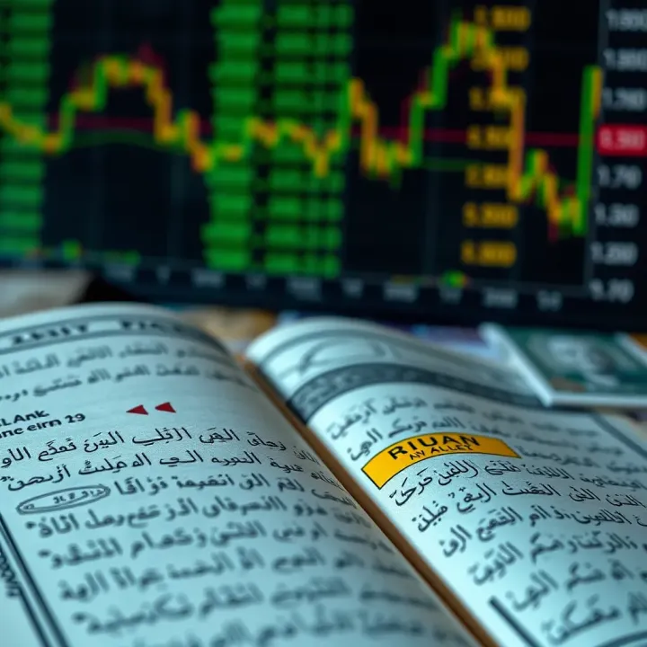 Conceptual illustration of forex trading with currency symbols and a Quran highlighting riba concerns