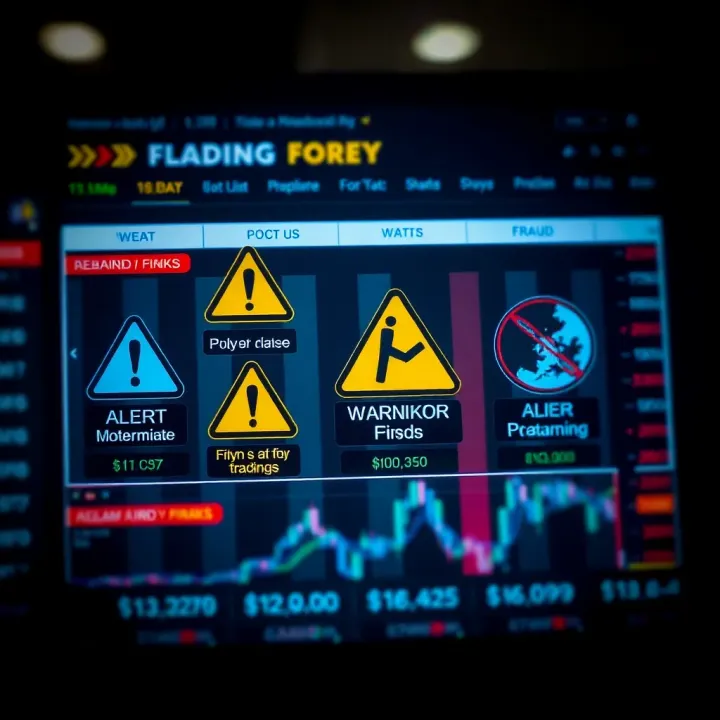Warning symbols and alerts highlighting common risks and fraudulent activities in forex trading