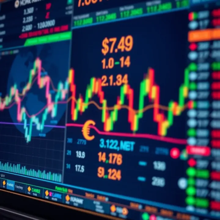Currency symbols and charts representing global forex market activity