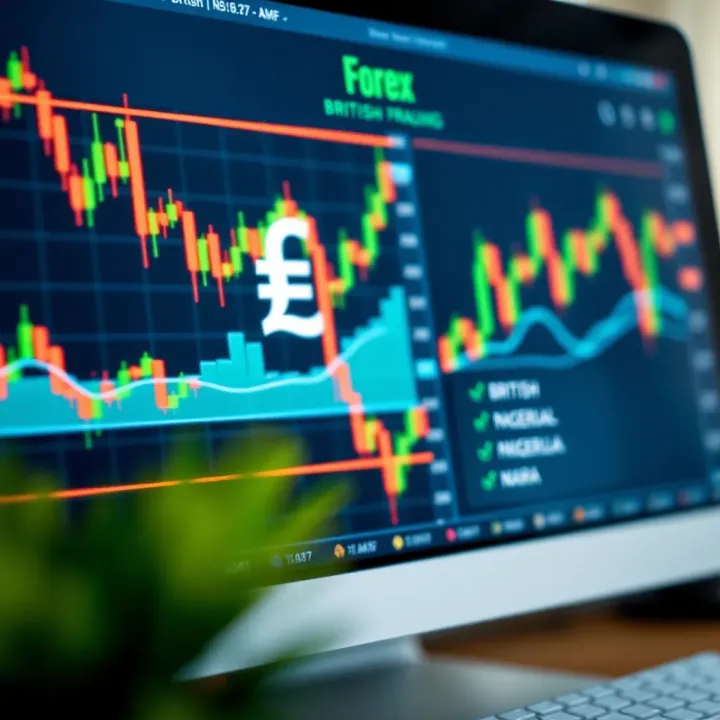 Illustration of a computer screen displaying forex trading charts with British pound and Nigerian naira symbols
