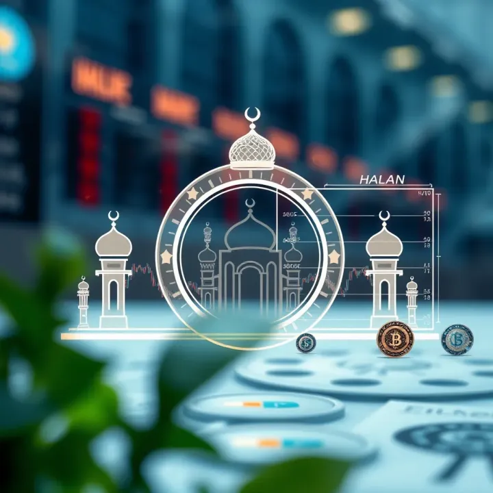 Symbolic illustration of currency exchange with Islamic motifs and financial graphs
