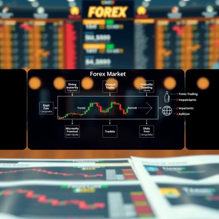 Diagram representing the structure of the forex market with key participants and trading flow