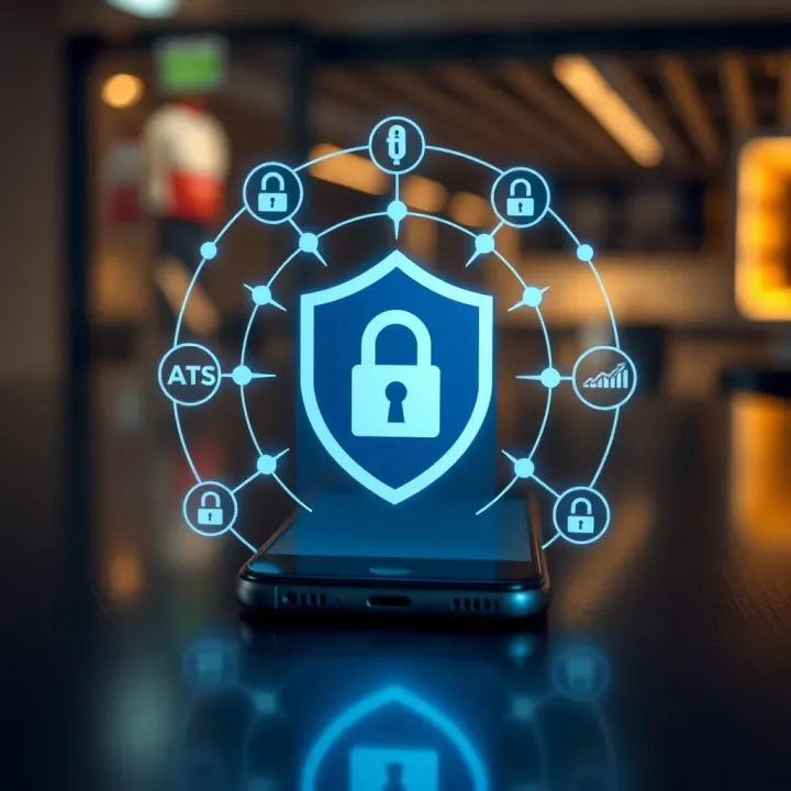 Illustration of digital security symbols such as a shield and lock surrounding a smartphone
