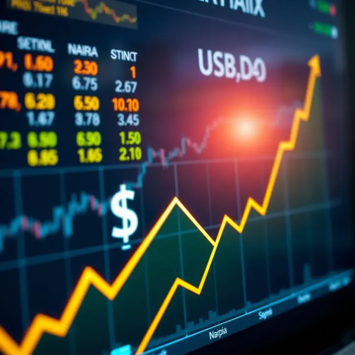 Graph showing upward trend with Nigerian naira symbol and economic data icons