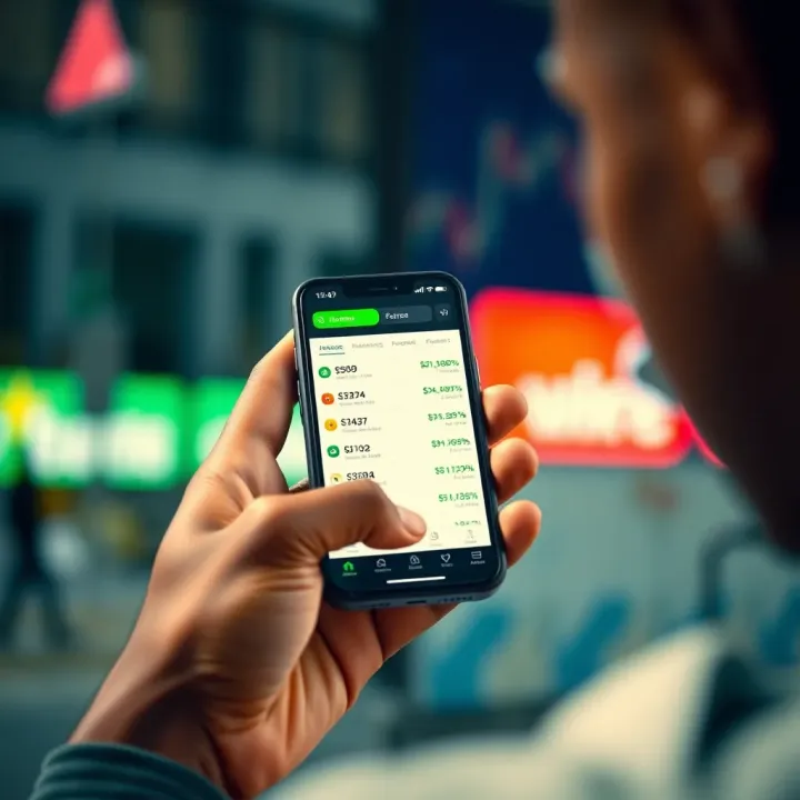 Mobile Forex Trading and Naira Exchange Insights in Nigeria Hands holding mobile device with forex trading app showing Nigerian naira exchange rates