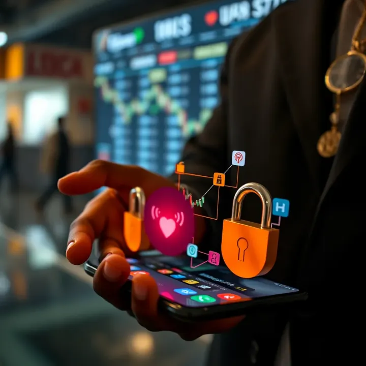 Illustration of secure mobile transaction with digital locks and Nigerian currency symbols to emphasize app security in crypto trading