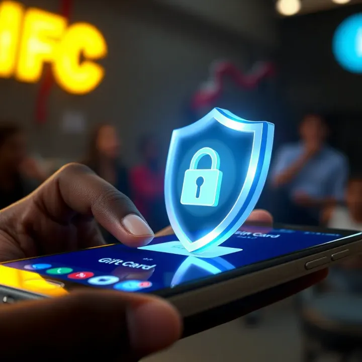 Ensuring Safe Transactions on Gift Card Trading Platforms Illustration of digital security shield protecting a gift card transaction on a mobile device