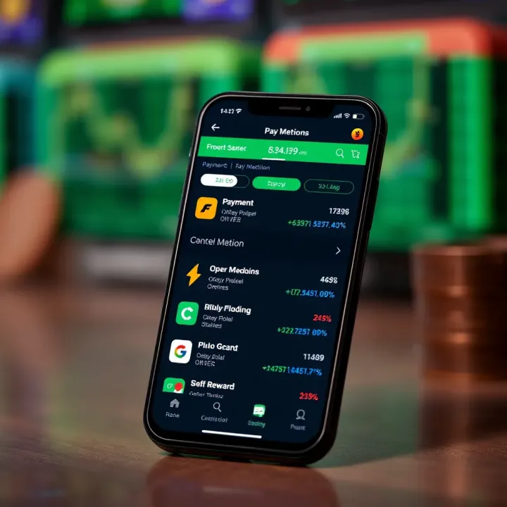 Mobile phone displaying payment method options and trading assets suitable for Nigeria