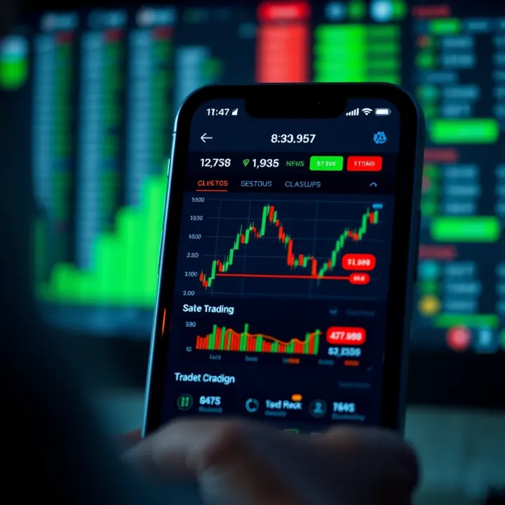 Mobile phone screen showing a cryptocurrency trading app interface with charts and trading options