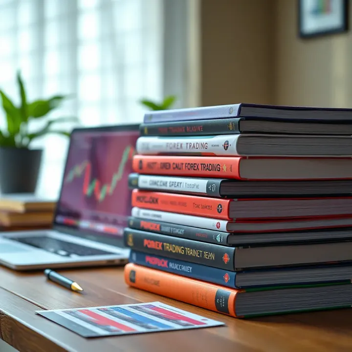 Stack of popular forex trading books on a wooden desk with a laptop