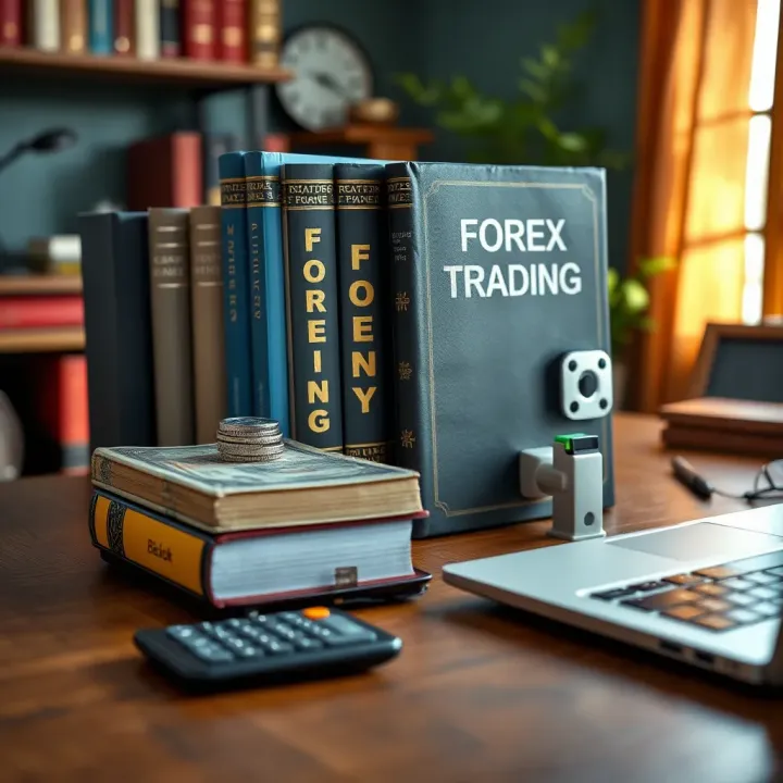 Collection of forex trading books arranged on a wooden desk with a calculator and laptop