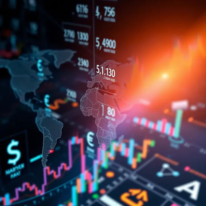 Illustration of global currencies interconnected with financial data and market indicators