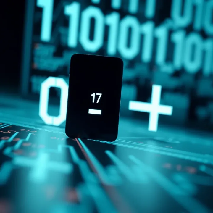 Visual representation of binary operations like addition and subtraction with digital symbols