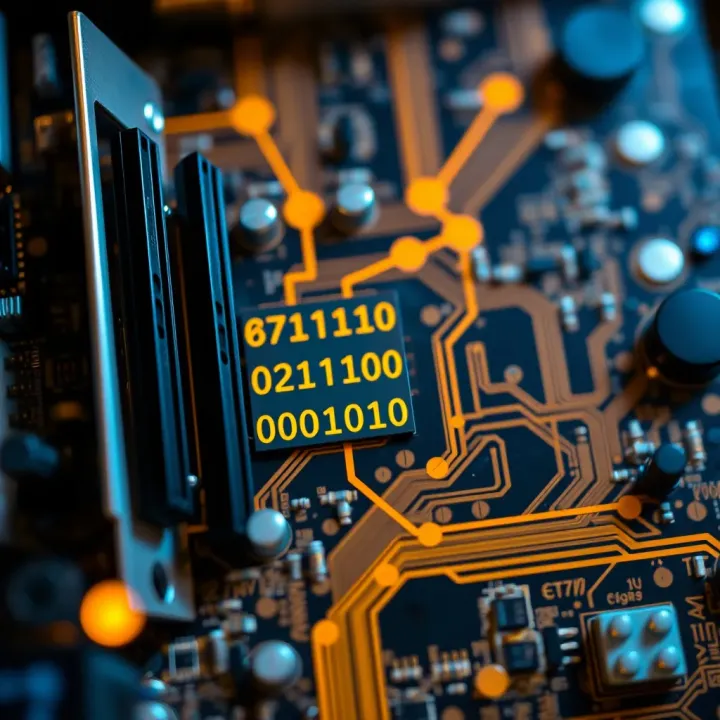 Visual representation of a computer motherboard highlighting binary data flow connections
