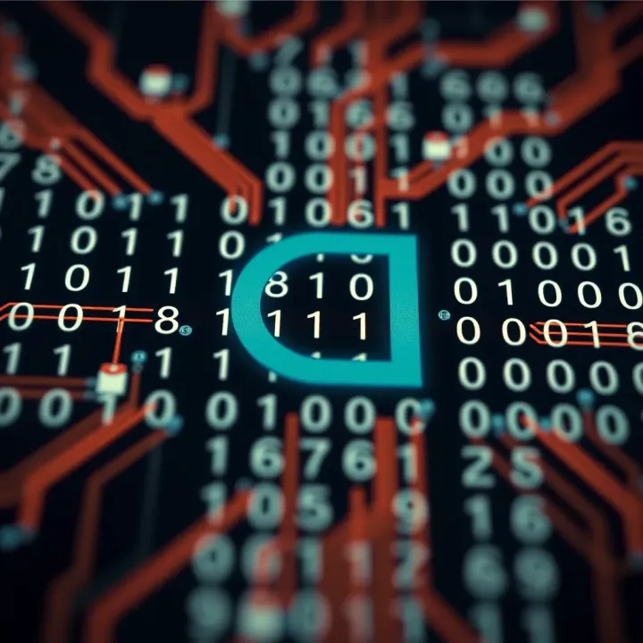 Visual representation of binary digits forming a digital circuit pattern