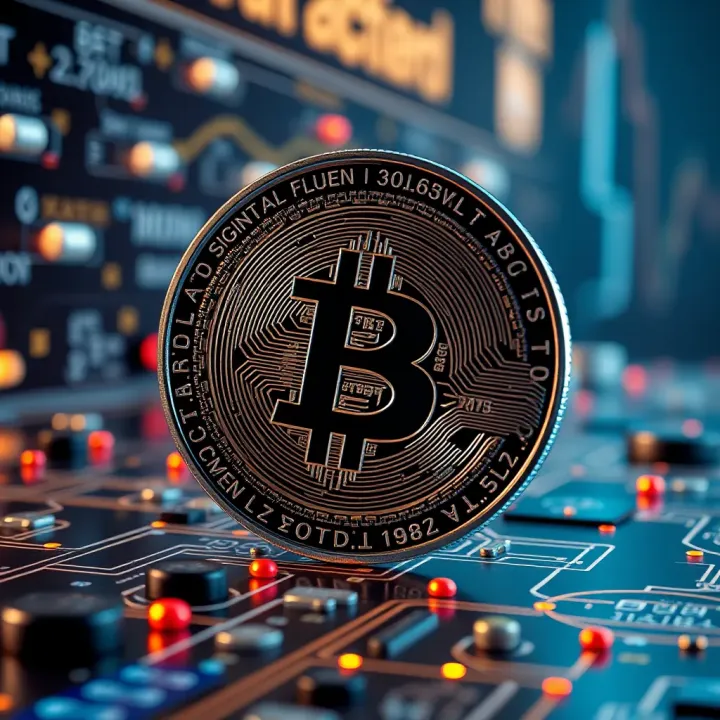 Illustration of binary coin concept with digital circuits and blockchain elements