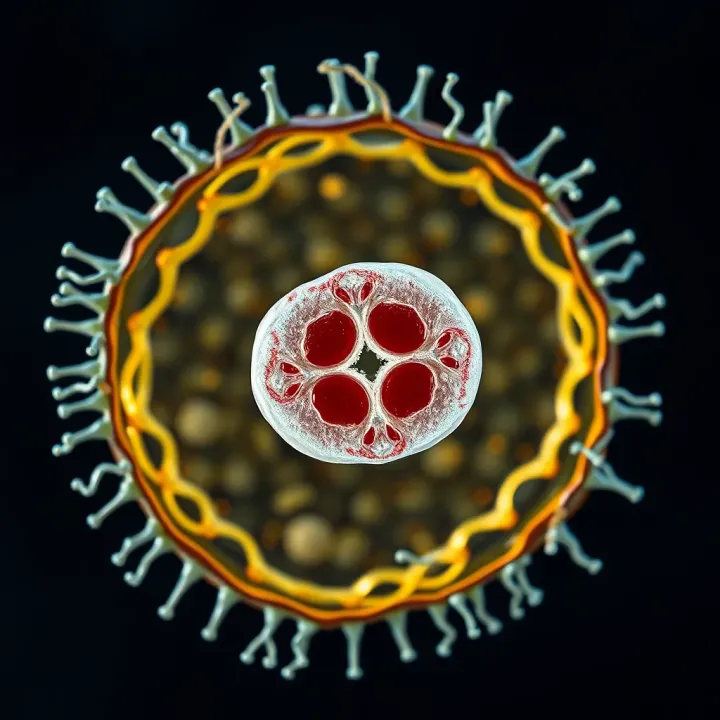 Microscopic view of a bacterial cell undergoing division by binary fission showing duplicated genetic material