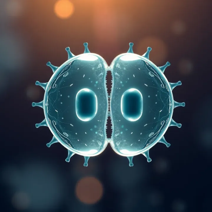 Diagram showing a single cell splitting into two identical cells during binary fission