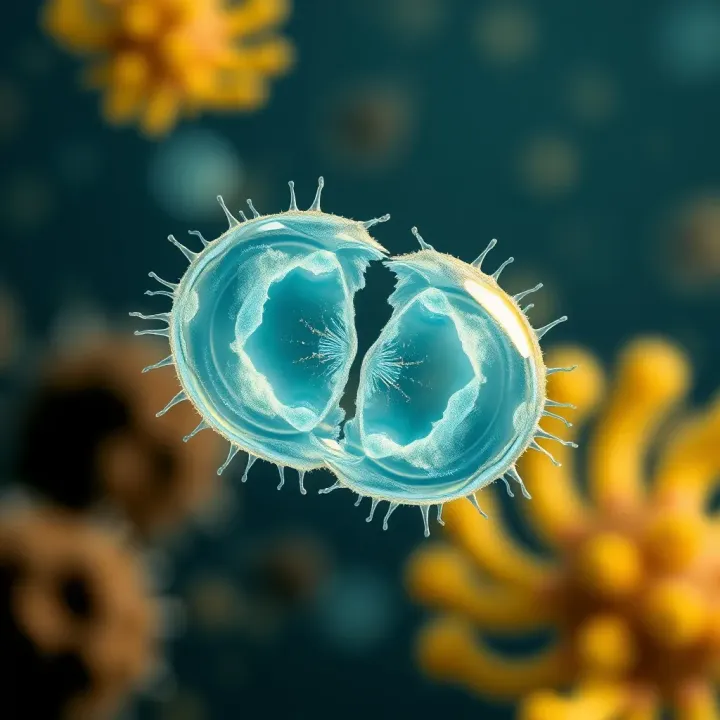 Binary Fission in Amoeba Amoeba dividing into two distinct cells illustrating binary fission