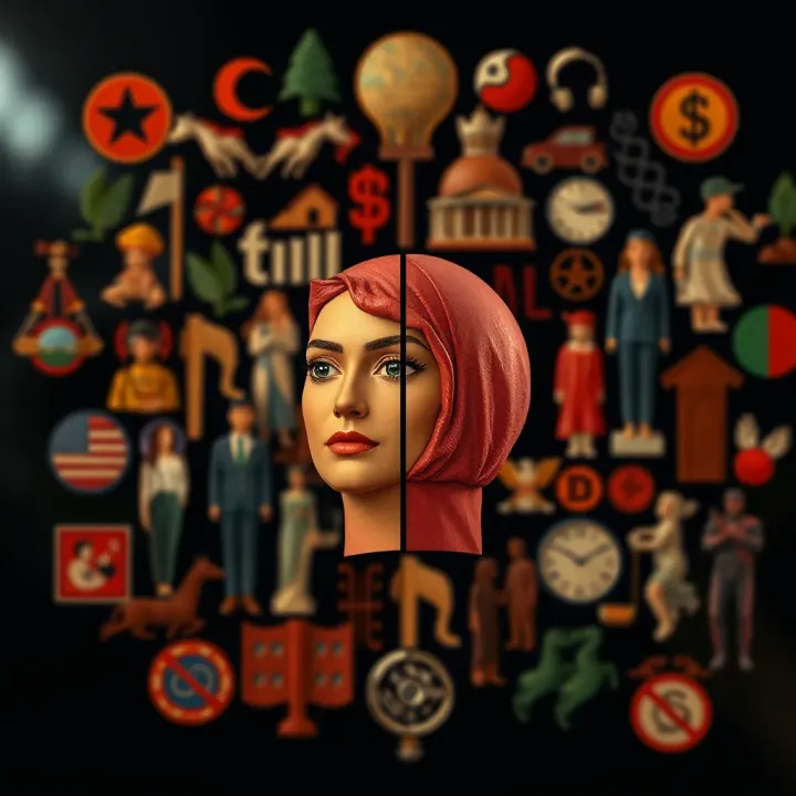 Abstract depiction of evolving gender perspectives with diverse cultural icons and legal symbols