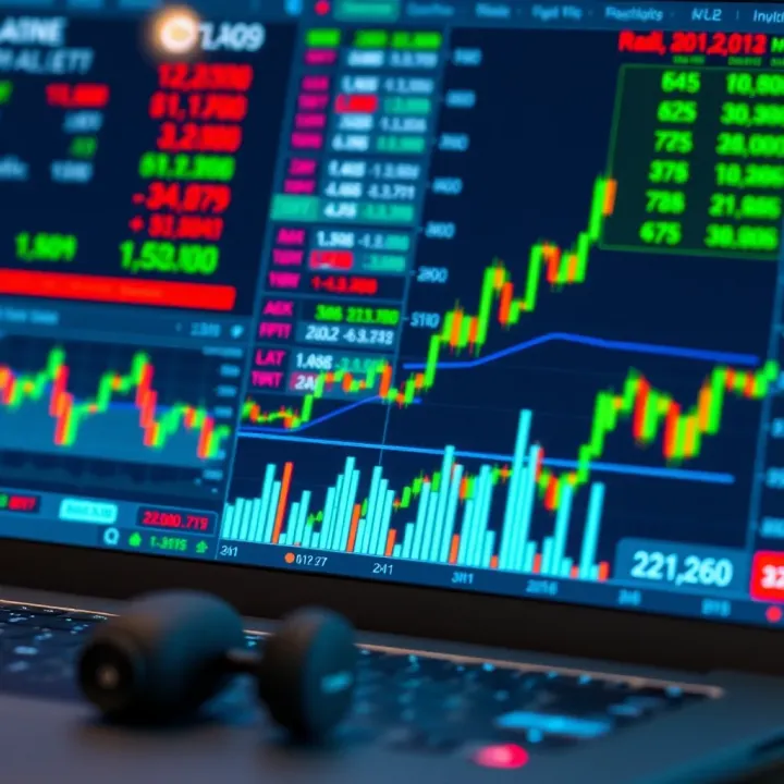 Conceptual representation of binary investment choices with digital interface elements and financial charts