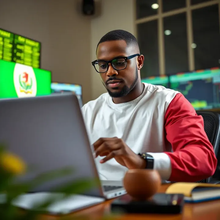 Conceptual illustration of a Nigerian trader analyzing charts on a laptop with Nigerian flag colors
