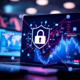 Graphic showing secure online practices with shield and digital symbols to prevent binary scams