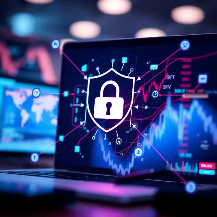 Graphic showing secure online practices with shield and digital symbols to prevent binary scams