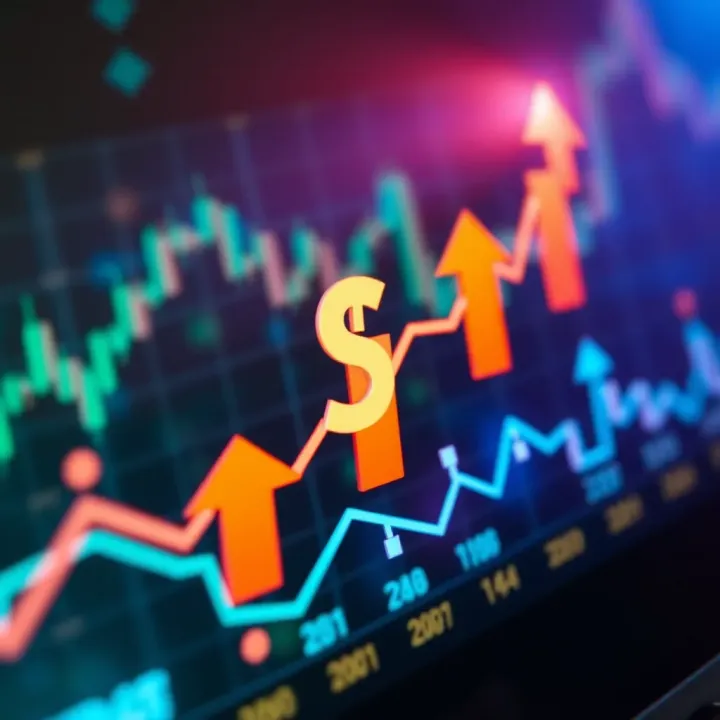 Digital representation of forex binary trading with currency symbols and upward arrows