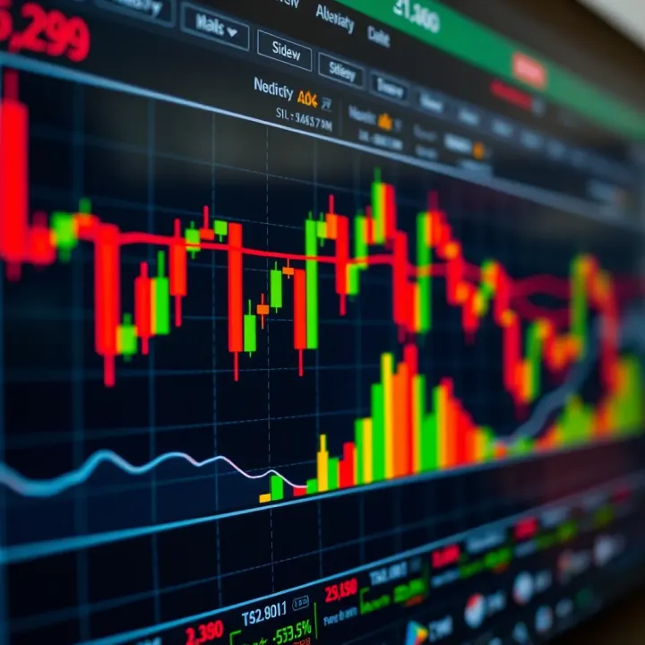 Colorful forex candlestick chart showing market trend fluctuations and trading signals on a digital platform