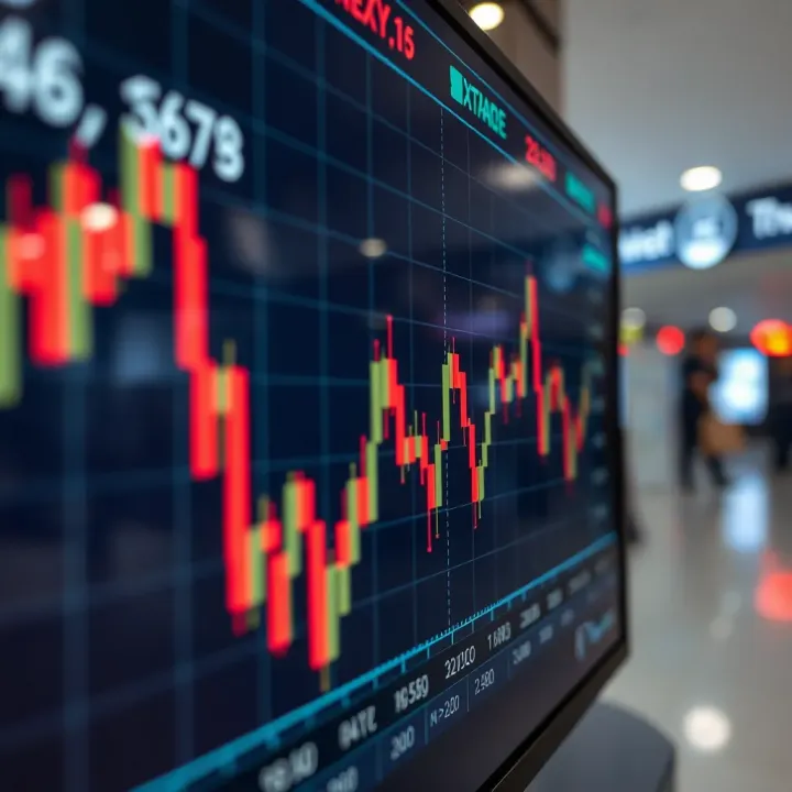 Graph showing currency exchange rate fluctuations on digital screen