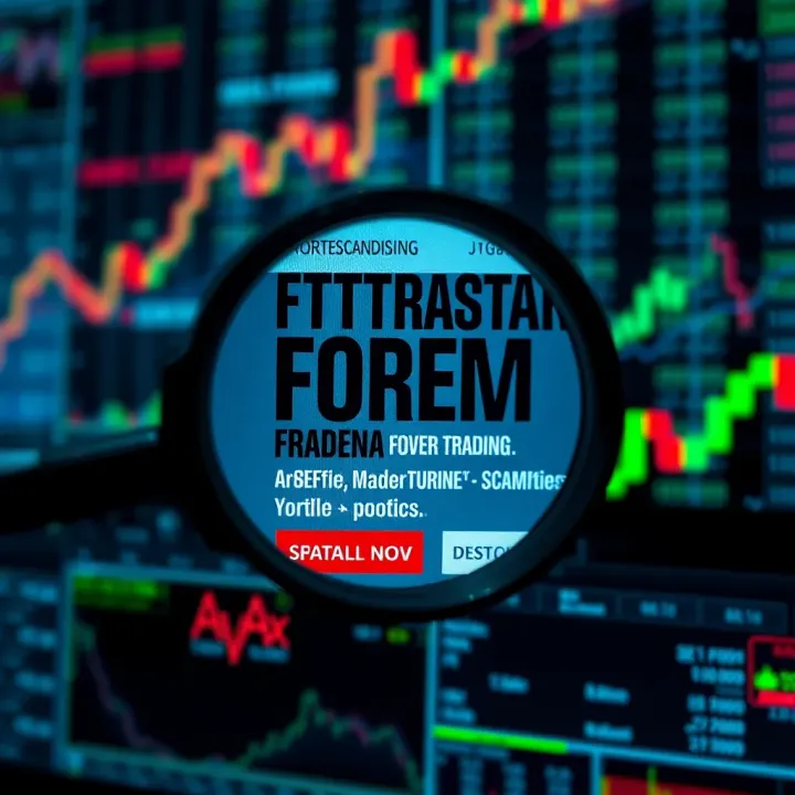 Magnifying glass revealing fraudulent forex trading advertisements on a digital device
