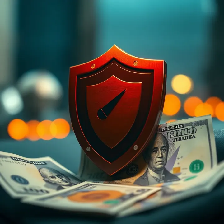 Secure shield symbol protecting Nigerian currency notes from online threats