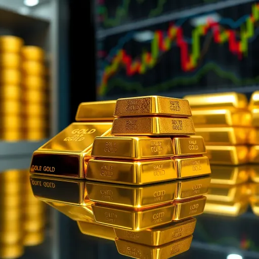 Gold Valuation and Market Influence Close-up view of gold bars stacked on a reflective surface symbolizing value and investment