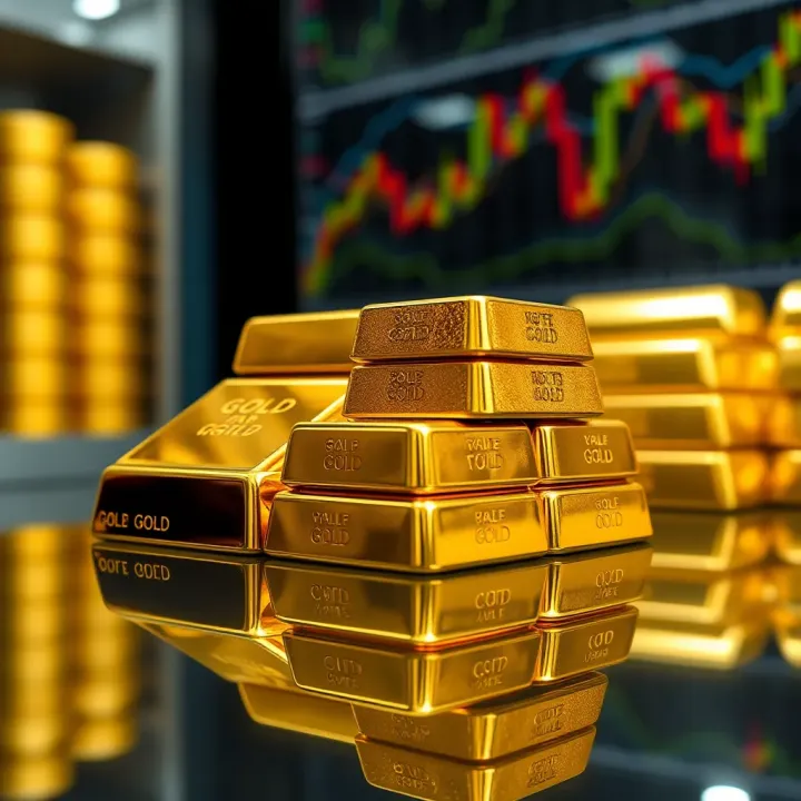 Gold Valuation and Market Influence Close-up view of gold bars stacked on a reflective surface symbolizing value and investment