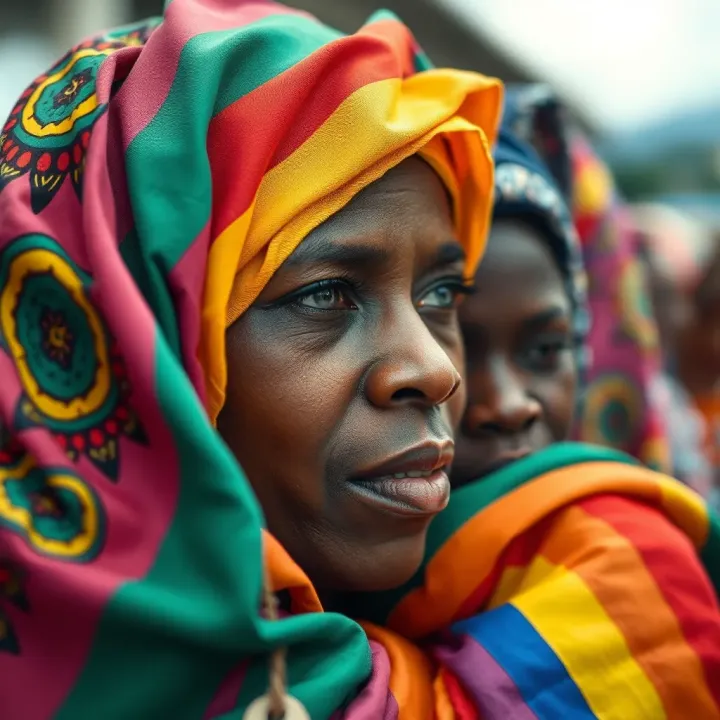 Colorful Nigerian cultural fabrics intertwined with non-binary pride colors representing diversity and identity