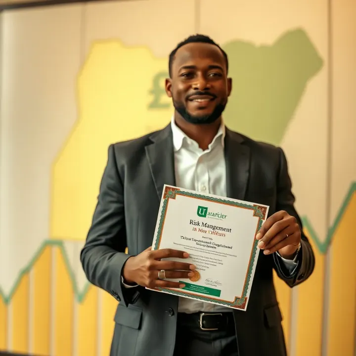 Graphic illustrating a professional receiving a certification with Nigerian economic symbols in the background
