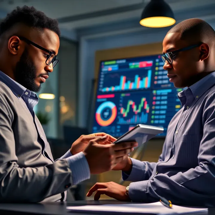 Business professionals analyzing financial charts and risk data on a digital tablet in an office